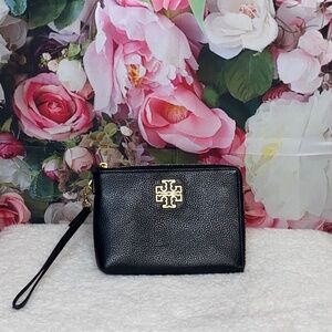 Tory Burch Britten Black Pebbled Leather Wristlet Pouch Cellphone Wallet Clutch